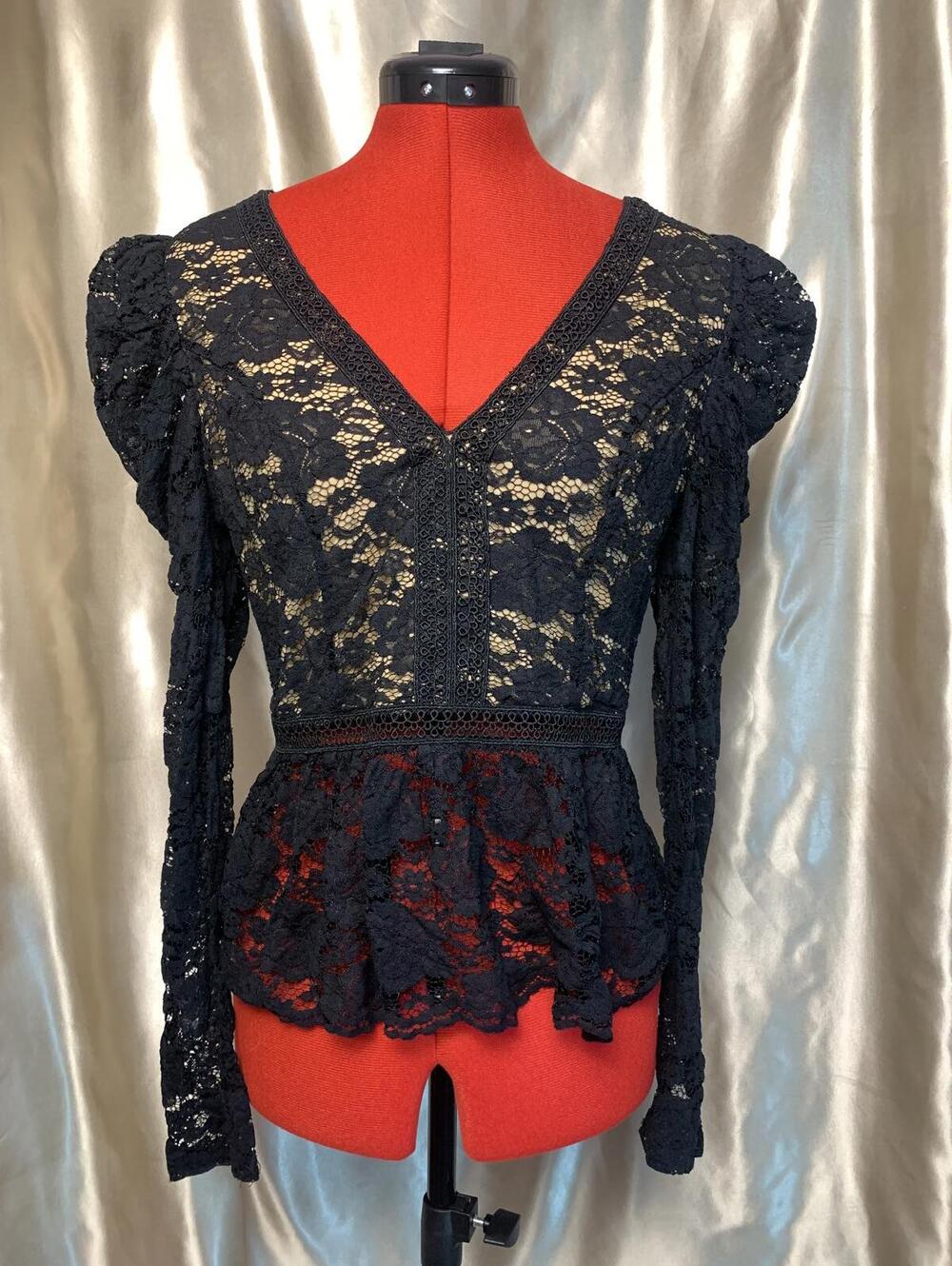 VICI Black Lace Peplum Top Blouse VIctorian Long Sleeve Puff Shoulder V-Neck M